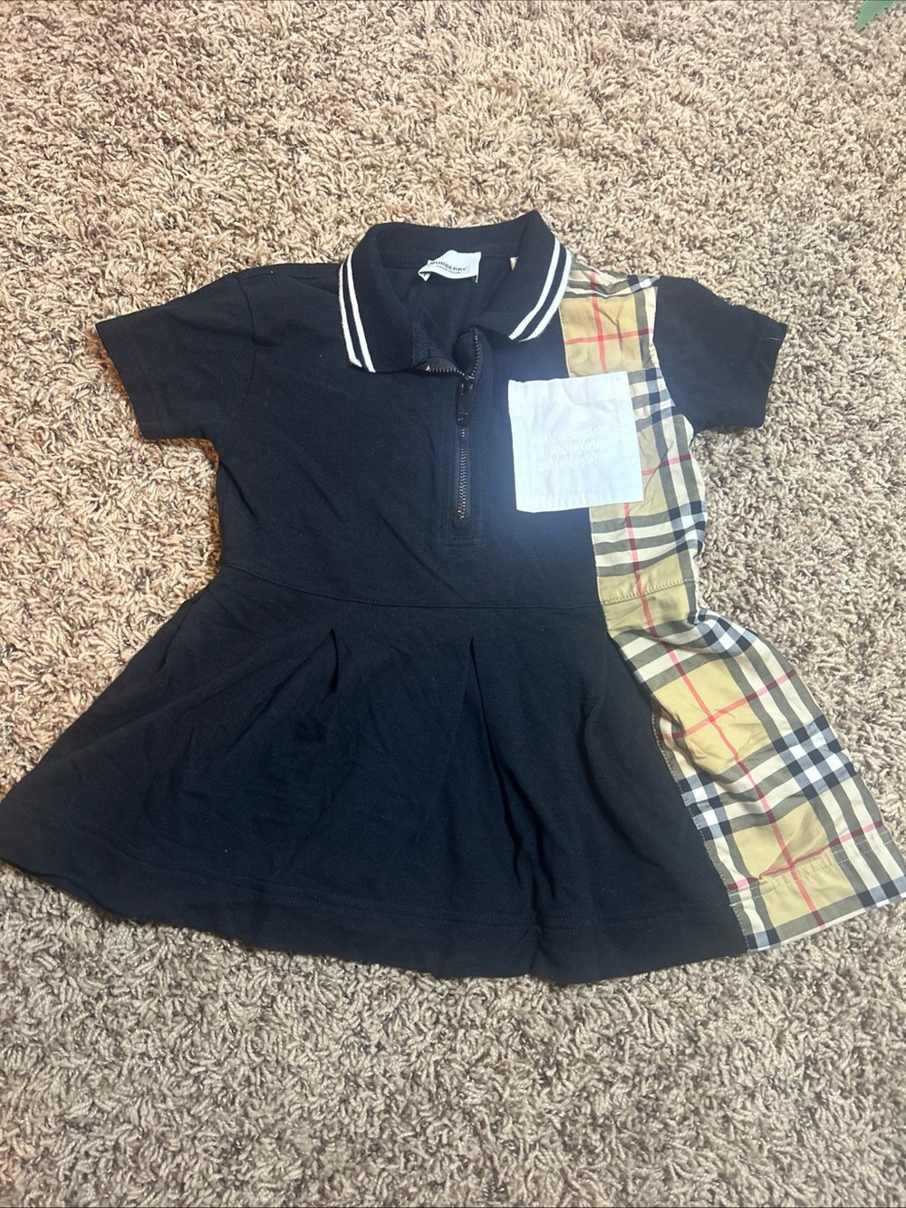 Burberry Girls 2t Black Cotton Piqué Shirt Dress Plaid Panel Logo Zip